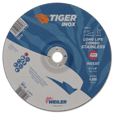 Tiger Inox Combo Wheels, 9 in Dia., 1/8 in Thick, 7/8 in Arbor, 30 Grit 804-58119