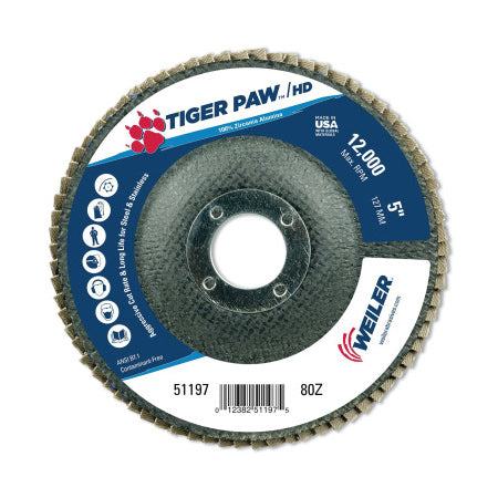 Tiger Paw Super High Density Flap Disc, 5 in dia, 80 Grit, 7/8 in Arbor, 12000 RPM, Type 27 Flat 804-51197