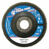 Tiger Paw Super High Density Flap Disc, 4-1/2 in dia, 40 Grit, 7/8 in Arbor, 12000 RPM, Type 27 Flat 804-51161