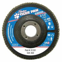Tiger Paw Super High Density Flap Disc, 4-1/2 in dia, 40 Grit, 7/8 in Arbor, 12000 RPM, Type 27 Flat 804-51161