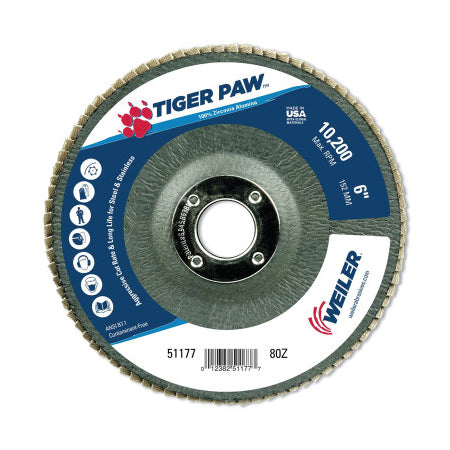 Tiger Paw TY29 Coated Abrasive Flap Disc, 6 in, 80 Grit, 7/8 in Arbor 804-51177