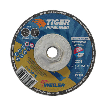 Tiger Pipeliner Grinding Wheel, 4-1/2 in dia X 1/8 in Thick x 5/8 in-11 Hub, Z30T, Type 27 804-58090