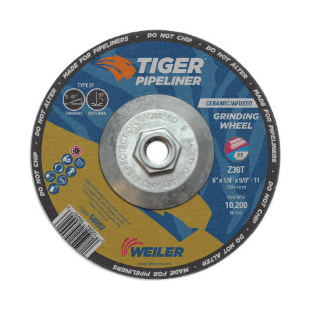Tiger Pipeliner Grinding Wheel, 6 in dia X 1/8 in Thick x 5/8 in-11 Hub, Z30T, Type 27 804-58092