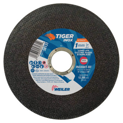 Tiger INOX Ultracut Thin Cutting Wheel, 5", 7/8" Arbor, 60, 12200 rpm, 50/PK 804-58131