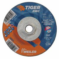 Tiger Zirc Type 27 Cut/Grind Combo Wheel, 4-1/2 in dia x 1/8 in Thick, 5/8 in-11 dia Arbor, Z30T 804-58050