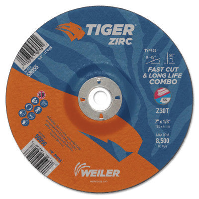 Tiger Zirc Type 27 Cut/Grind Combo Wheel, 7 in dia x 1/8 in Thick, 7/8 in dia Arbor, Z30T 804-58056