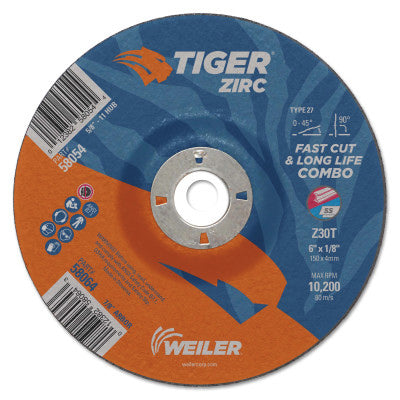 Tiger Zirc Type 27 Cut/Grind Combo Wheel, 6 in dia x 1/8 in Thick, 7/8 in dia Arbor, Z30T 804-58064