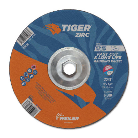 Tiger Zirc Grinding Wheel, 5 in dia x 1/4 in Thick x 7/8 in Arbor, Ceramic/Zirconia Alumina, Type 27, Z24T 804-58073
