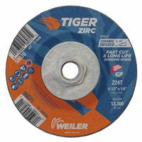 Tiger Zirc Grinding Wheel, 4-1/2 in dia x 1/4 in Thick x 5/8 in-11 UNC Arbor, Ceramic/Zirconia Alumina, Type 27, Z24T 804-58070