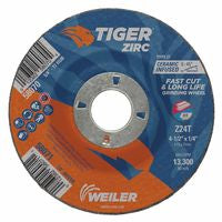 Tiger Zirc Grinding Wheel, 4-1/2 in dia x 1/4 in Thick x 7/8 in Arbor, Ceramic/Zirconia Alumina, Type 27, Z24T 804-58071