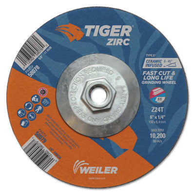 Tiger Zirc Grinding Wheel, 6 in dia x 1/4 in Thick x 5/8 in-11 UNC Arbor, Ceramic/Zirconia Alumina, Type 27, Z24T 804-58078
