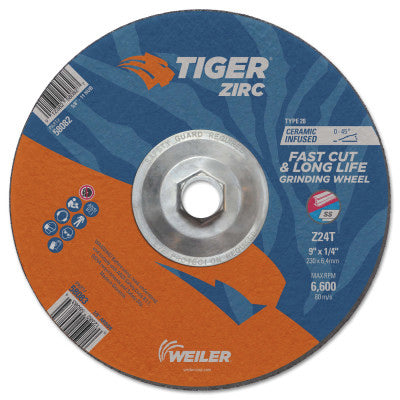 Tiger Zirc Grinding Wheel, 9 in dia x 1/4 in Thick x 5/8 in-11 UNC Arbor, Ceramic/Zirconia Alumina, Type 28, Z24T 804-58082