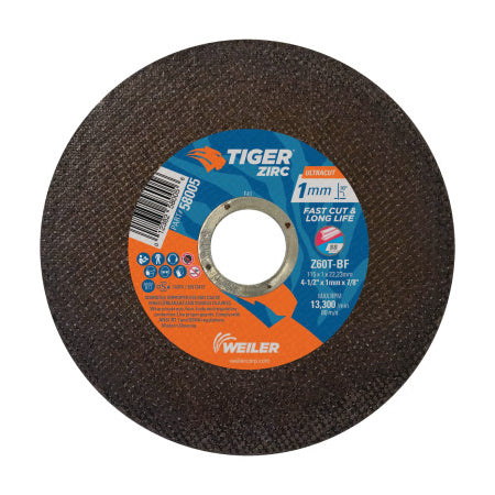 Tiger Zirc Cutting Wheel, 5 in dia, 0.045 in Thick, 7/8 in Arbor, Zirconia Alumina, Type 27, Z60T 804-58021