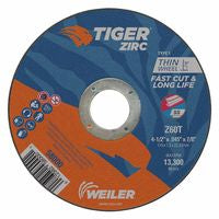 Tiger Zirc Cutting Wheel, 4-1/2 in dia, 0.045 in Thick, 7/8 in Arbor, Zirconia Alumina, Type 1, Z60T 804-58000