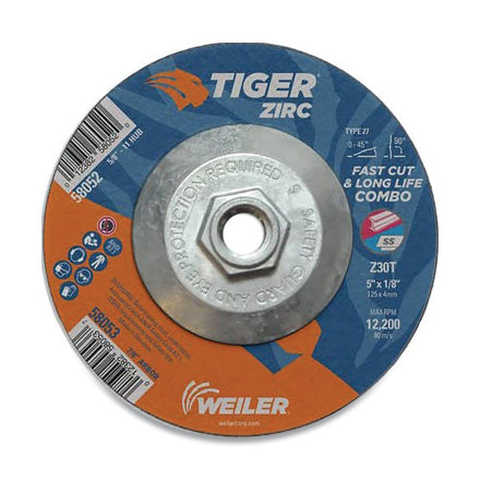 Tiger Zirc Type 27 Cut/Grind Combo Wheel, 7 in dia x 1/8 in Thick, 5/8 in-11 dia Arbor, Z30T 804-58055