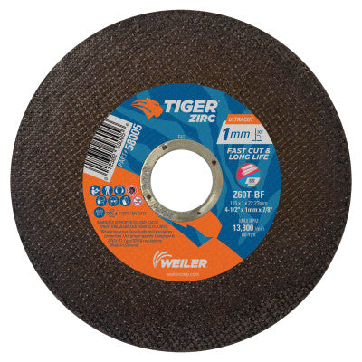 Tiger Zirconia Ultracut Thin Cutting Wheel, 4.5", 7/8" Arbor, 60, 13300rpm, 50PK 804-58005