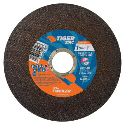 Tiger Zirc Thin Cutting Wheel, 5 in dia, 1 mm Thick, 7/8 in Arbor, 60 Grit 804-58006