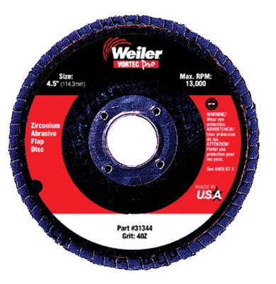 Vortec Pro Abrasive Flap Disc, 4-1/2 in dia, 40 Grit, 7/8 Arbor, 13000 rpm, Type 29 804-31344