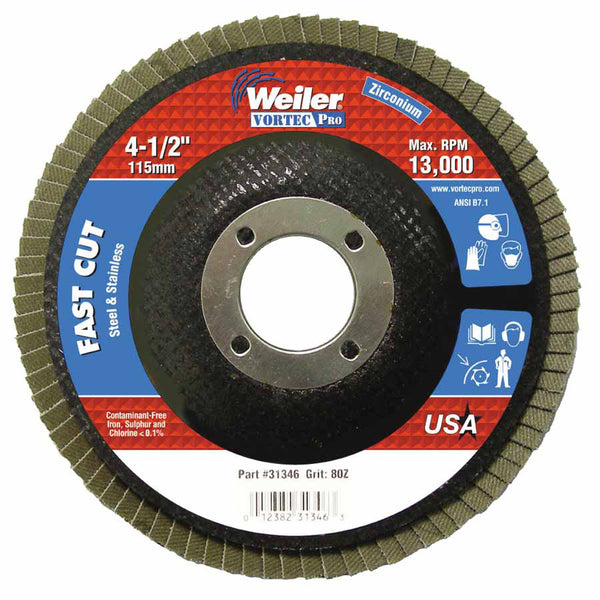Vortec Pro Abrasive Flap Disc, 4-1/2 in dia, 80 Grit, 7/8 Arbor, 13000 rpm, Type 29 804-31346