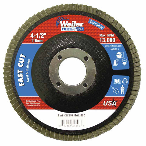 Vortec Pro Abrasive Flap Disc, 4-1/2 in dia, 80 Grit, 7/8 Arbor, 13000 rpm, Type 29 804-31346