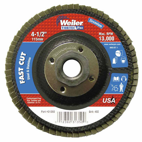 Vortec Pro Abrasive Flap Disc, 4-1/2 in dia, 40 Grit, 5/8 in-11, 13000 rpm, Type 29 804-31350