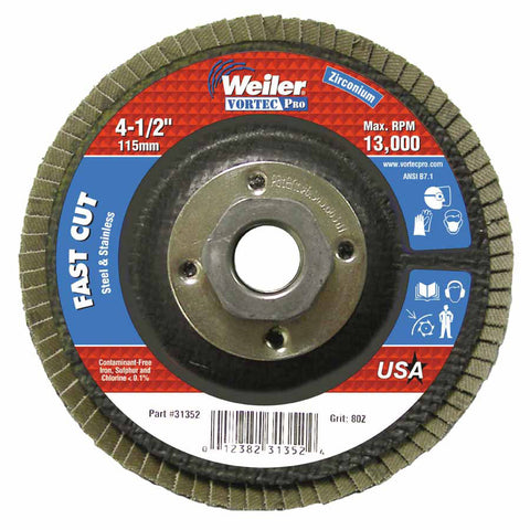 Vortec Pro Abrasive Flap Disc, 4-1/2 in dia, 80 Grit, 5/8 in-11, 13000 rpm, Type 29 804-31352