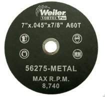 Wolverine Flat Type 1 Cutting Wheel, 7 in dia x 0.045 in, 7/8 in Arbor, 60 Grit, Aluminum Oxide, T Hardness 804-56275