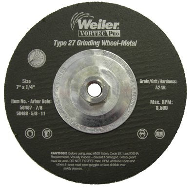 Wolverine Grinding Wheel, 7 in dia, 1/4 in Thick, 5/8 in - 11 UNC Arbor, 24 Grit 804-56468