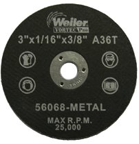 Wolverine Flat Type 1 Cutting Wheel, 3 in Dia, 1/16 Thick, 3/8 Arbor, 36 Grit 804-56068