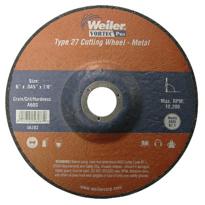 Wolverine Thin Cutting Wheels, 6 in x .045 in, 7/8 Arbor, 60 Grit, S, Type 27 804-56283